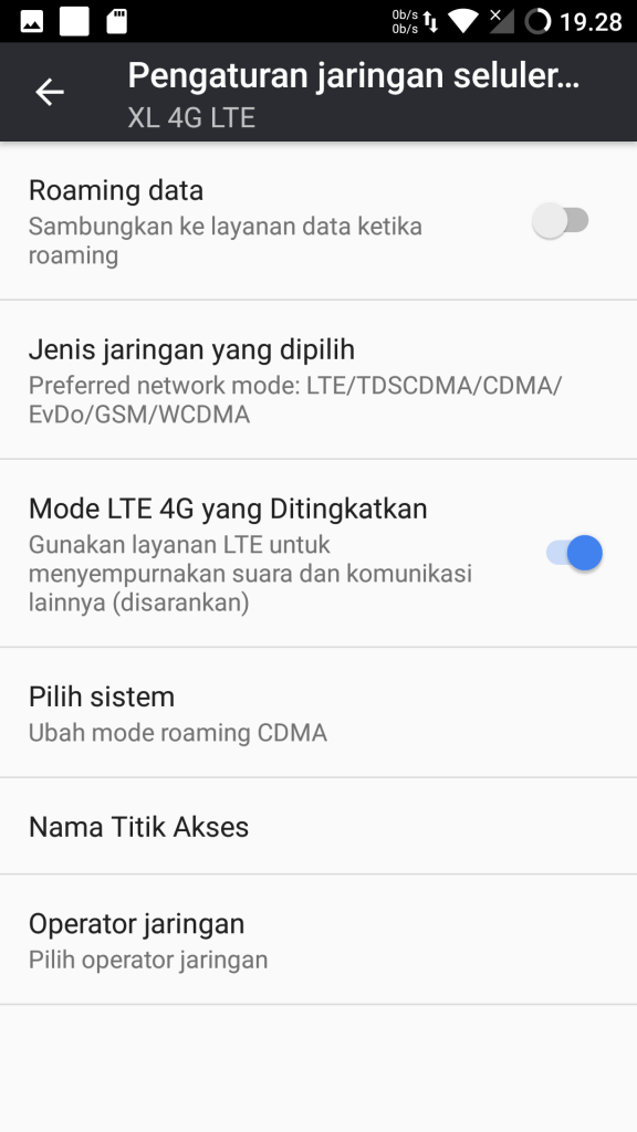 pengaturan jaringan 4G/LTE di Xenon HD