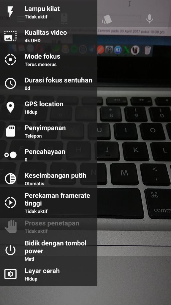 menu kamera video Snap