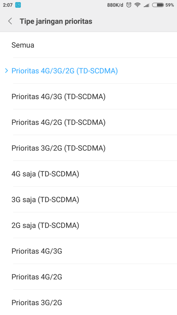 pilihan jaringan 4G/LTE