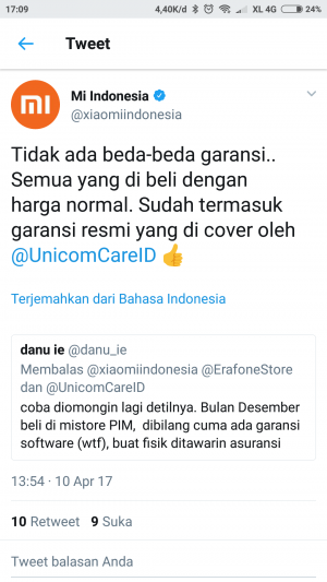 Twitter @XiaomiIndonesia tentang garansi tambahan