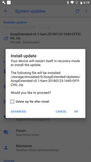 pemberitahuan untuk memasang pembaruan AOSP Extended