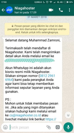 penggunaan WhatsApp untuk notifikasi Niagahoster