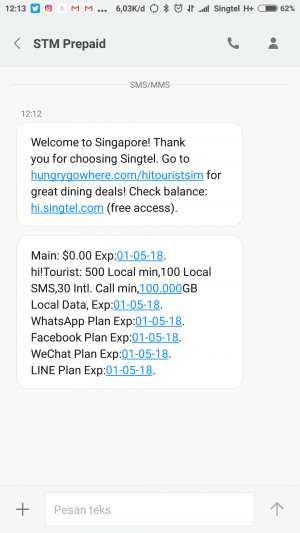 SMS aktivasi dan informasi kuota Singtel hi!Tourist
