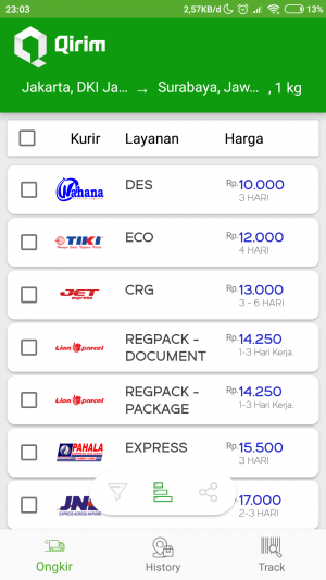 menu Ongkir Qirim dengan pengurutan