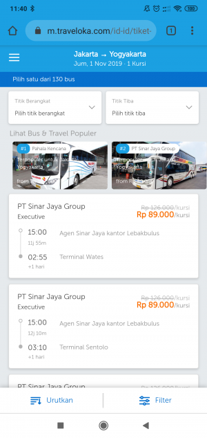 mengecek harga tiket bus terbaru harga di Traveloka