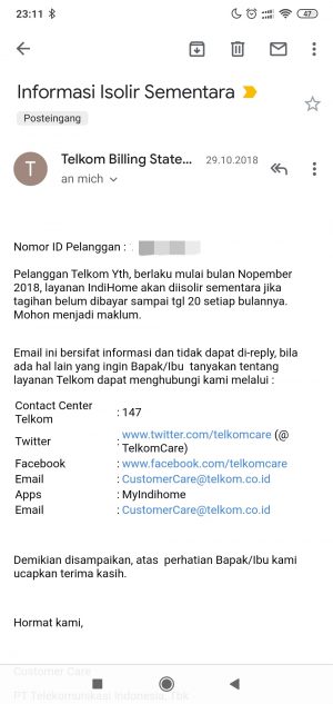 informasi isolir Telkom IndiHome