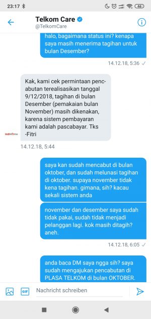 protes melalui pesan langsung ke akun Twitter @TelkomCare