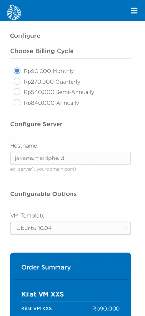 menu pemesanan Kilat VM 2.0