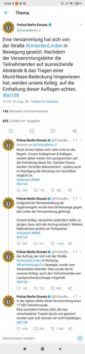 twit Kepolisian Berlin untuk mengingatkan peserta demo mematuhi protokol kesehatan, yang berujung pembubaran karena ketidakpatuhan peserta