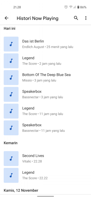 riwayat lagu dari Now Playing di Google Piel 4a
