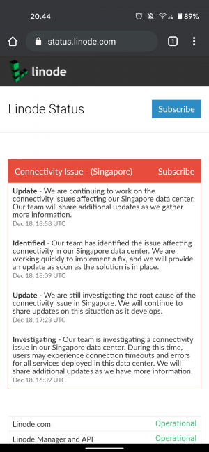 halaman status Linode saat terjadi masalah jaringan di Singapura pada 18 Desember 2020 halaman status Linode saat terjadi masalah jaringan di Singapura pada 18 Desember 2020
