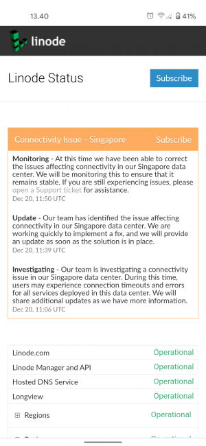 halaman status Linode saat terjadi masalah jaringan di Singapura pada 20 Desember 2020 halaman status Linode saat terjadi masalah jaringan di Singapura pada 20 Desember 2020