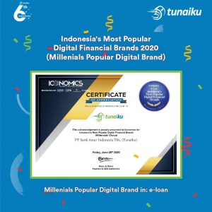 penghargaan Millenials Popular Digital Brand pada katgori e-loan, pada acara Indonesia&rsquo;s Most Popular Digital Financial Brands