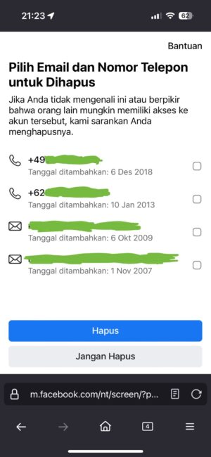nomor ponsel dan surel yang tertaut ke Facebook